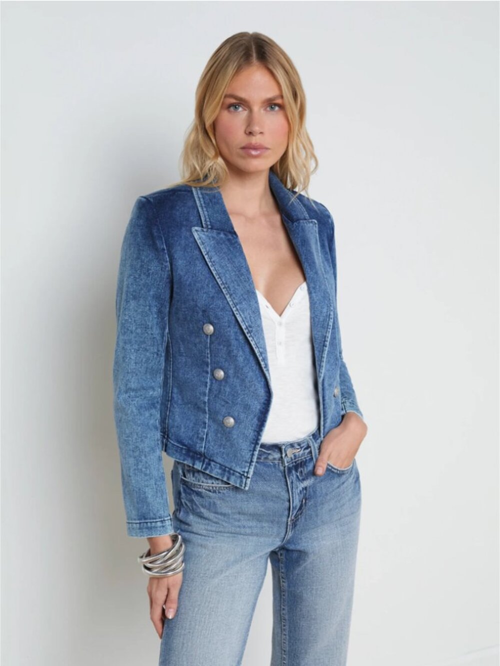L'Agence Wayne Denim Cropped Blazer Jacket - Picture 5 of 16